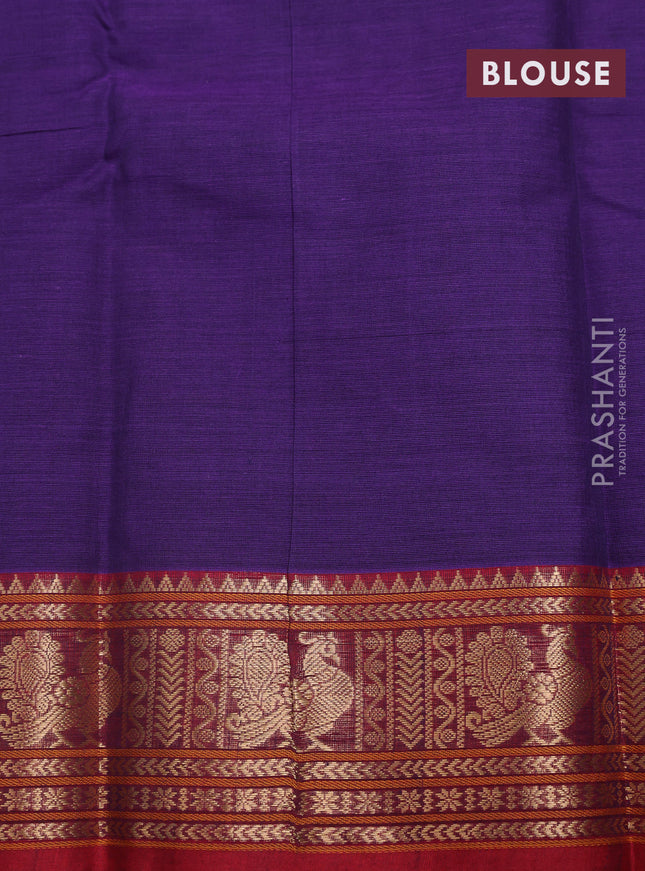 Kanchi cotton saree violet and red with allover thread checks & buttas and zari woven border