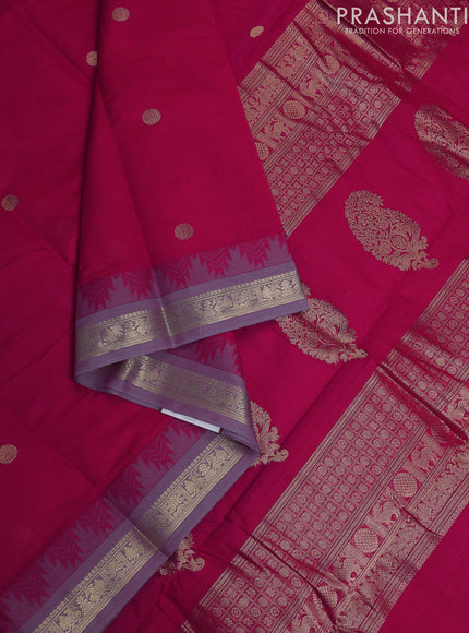 Kanchi cotton saree pink and grey shade with zari woven buttas and temple design