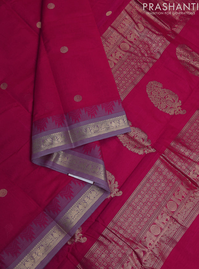 Kanchi cotton saree pink and grey shade with zari woven buttas and temple design