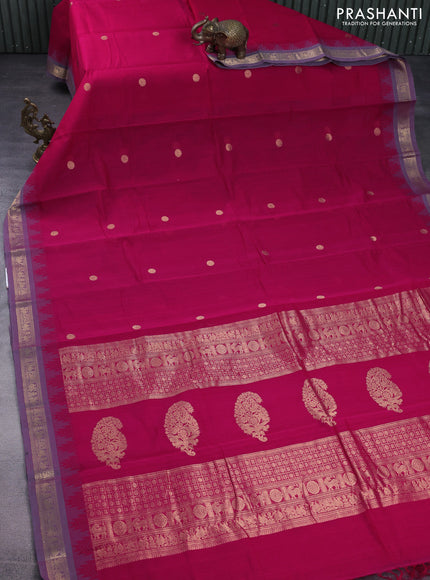 Kanchi cotton saree pink and grey shade with zari woven buttas and temple design