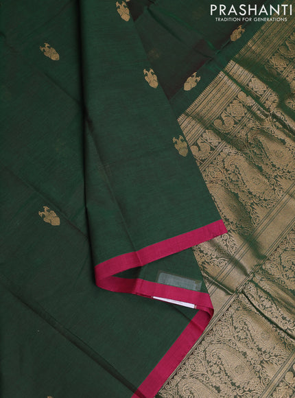 Kanchi cotton saree green and pink with zari woven buttas and simple border