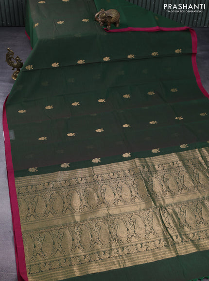 Kanchi cotton saree green and pink with zari woven buttas and simple border