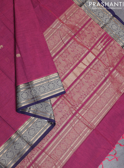 Kanchi cotton saree magenta pink and navy blue with zari woven buttas and zari woven border