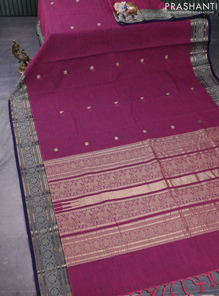 Kanchi cotton saree magenta pink and navy blue with zari woven buttas and zari woven border