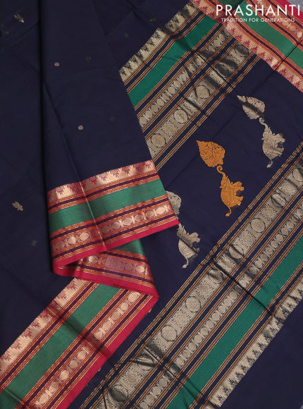 Kanchi cotton saree deep navy blue and maroon with zari woven buttas and zari woven border