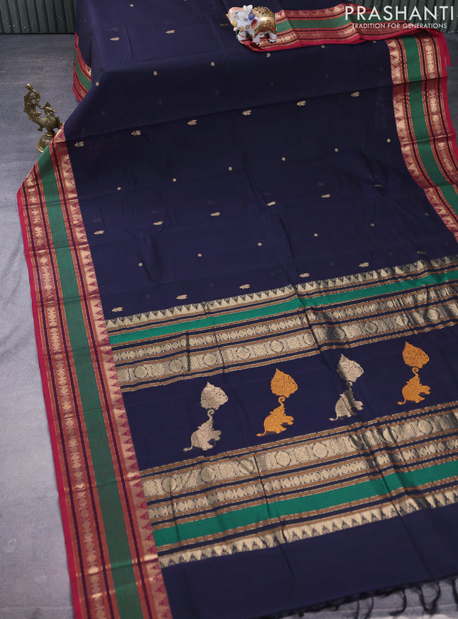 Kanchi cotton saree deep navy blue and maroon with zari woven buttas and zari woven border