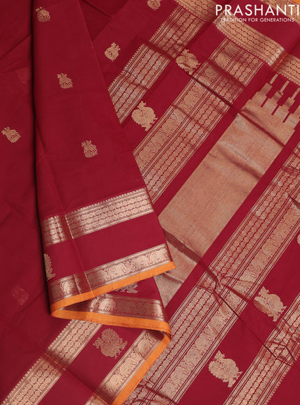 Kanchi cotton saree maroon and dark mustard with zari woven buttas and zari woven butta border
