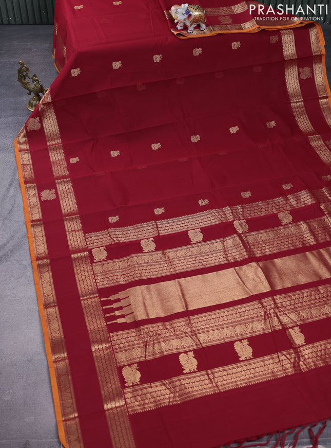 Kanchi cotton saree maroon and dark mustard with zari woven buttas and zari woven butta border