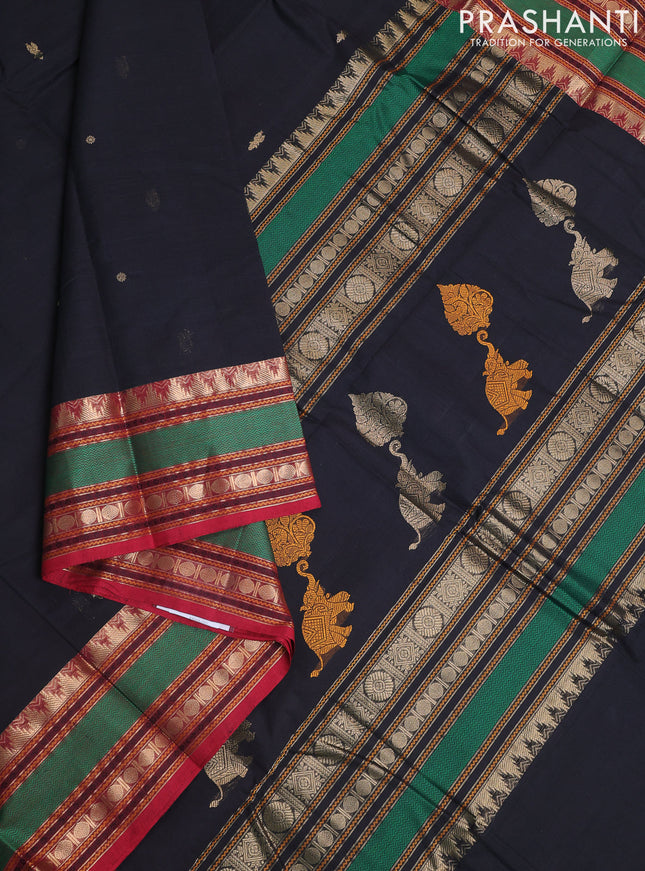 Kanchi cotton saree black and maroon with zari woven buttas and zari woven border