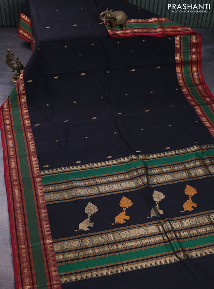 Kanchi cotton saree black and maroon with zari woven buttas and zari woven border