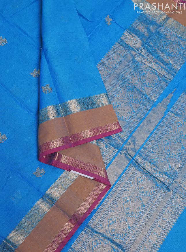 Kanchi cotton saree lightblue and dark mustard pink with zari woven buttas and rettapet zari woven border