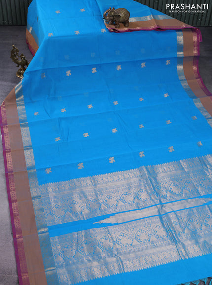 Kanchi cotton saree lightblue and dark mustard pink with zari woven buttas and rettapet zari woven border