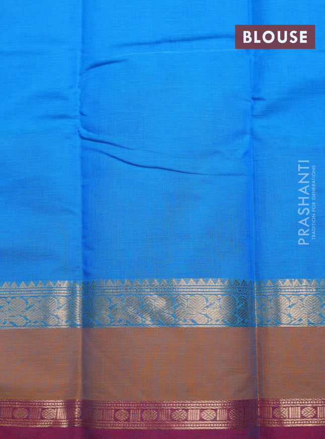 Kanchi cotton saree lightblue and dark mustard pink with zari woven buttas and rettapet zari woven border