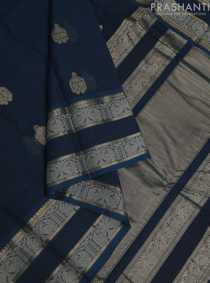 Kanchi cotton saree peacock blue with zari woven buttas and rettapet thread woven border