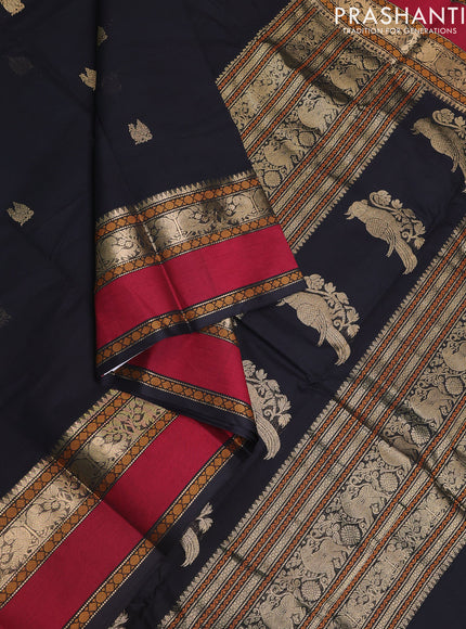 Kanchi cotton saree black and maroon with zari woven buttas and rettapet zari woven border