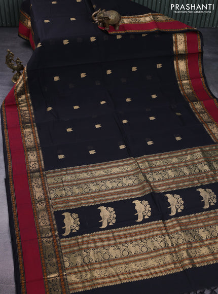 Kanchi cotton saree black and maroon with zari woven buttas and rettapet zari woven border
