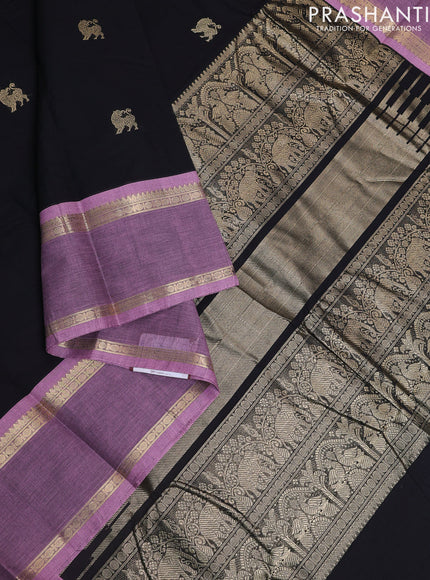 Kanchi cotton saree black and mauve pink with zari woven buttas and rettapet zari woven border