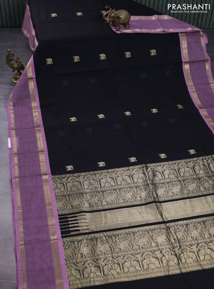 Kanchi cotton saree black and mauve pink with zari woven buttas and rettapet zari woven border