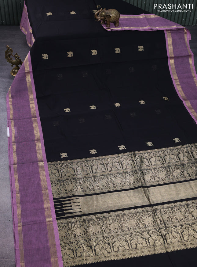 Kanchi cotton saree black and mauve pink with zari woven buttas and rettapet zari woven border