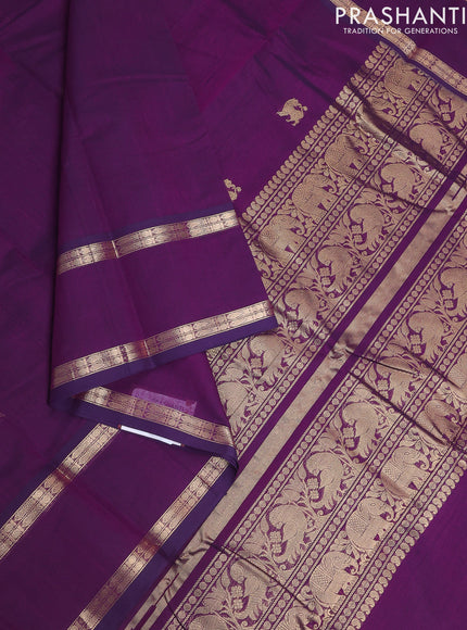 Kanchi cotton saree deep purple with zari woven buttas and rettapet zari woven border