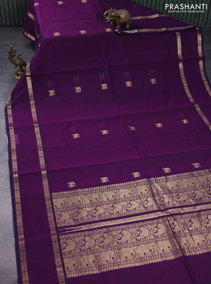 Kanchi cotton saree deep purple with zari woven buttas and rettapet zari woven border