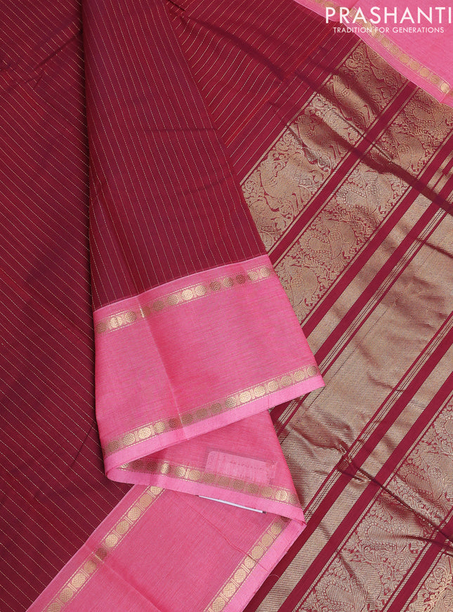 Kanchi cotton saree maroon and light pink with allover zari weaves and rettapet zari woven border