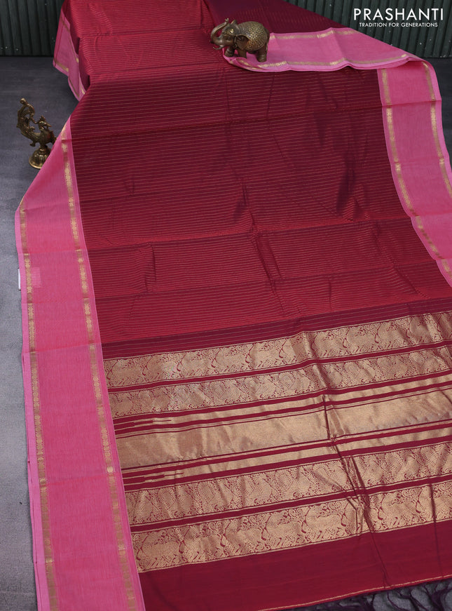 Kanchi cotton saree maroon and light pink with allover zari weaves and rettapet zari woven border