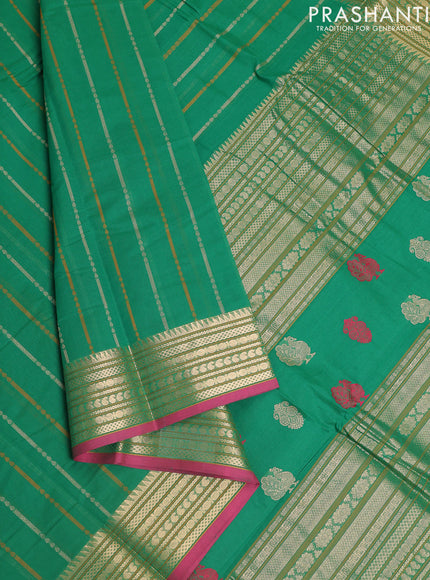 Kanchi cotton saree green and pink with allover thread weaves and zari woven border