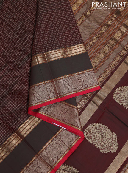 Kanchi cotton saree dual shade of maroon and red with allover checked pattern and rettapet zari woven border
