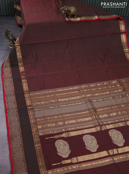 Kanchi cotton saree dual shade of maroon and red with allover checked pattern and rettapet zari woven border