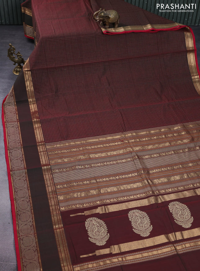 Kanchi cotton saree dual shade of maroon and red with allover checked pattern and rettapet zari woven border