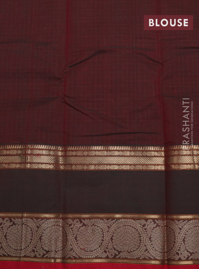 Kanchi cotton saree dual shade of maroon and red with allover checked pattern and rettapet zari woven border