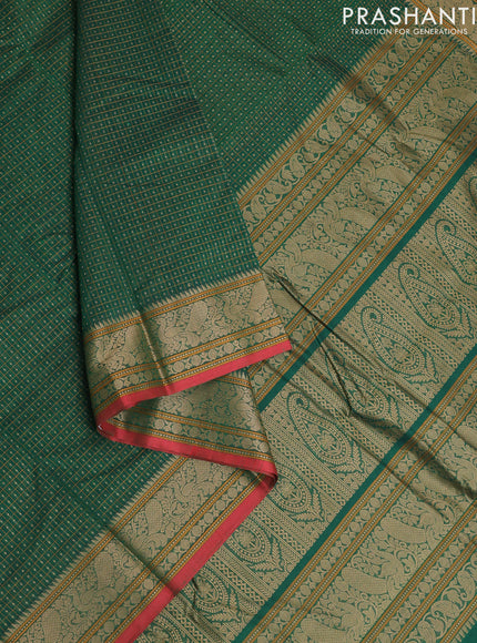 Kanchi cotton saree green and red with allover lakshadeepam weaves and thread woven border