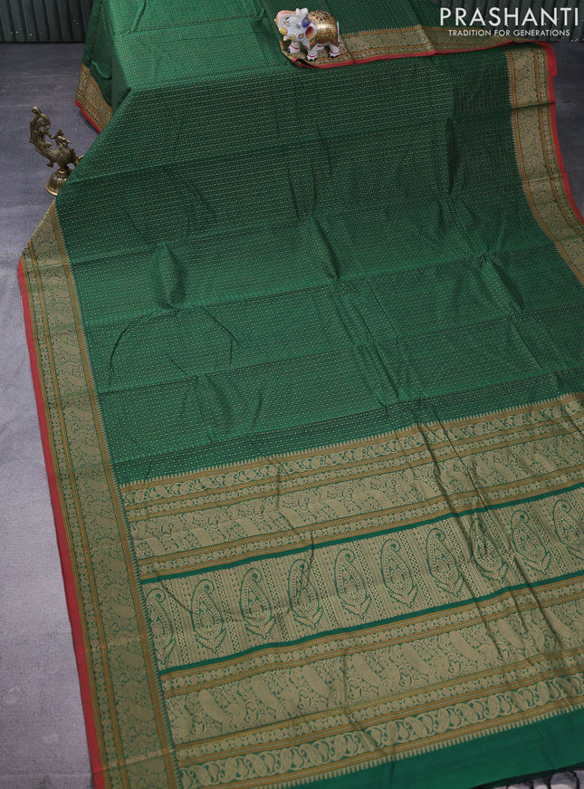 Kanchi cotton saree green and red with allover lakshadeepam weaves and thread woven border