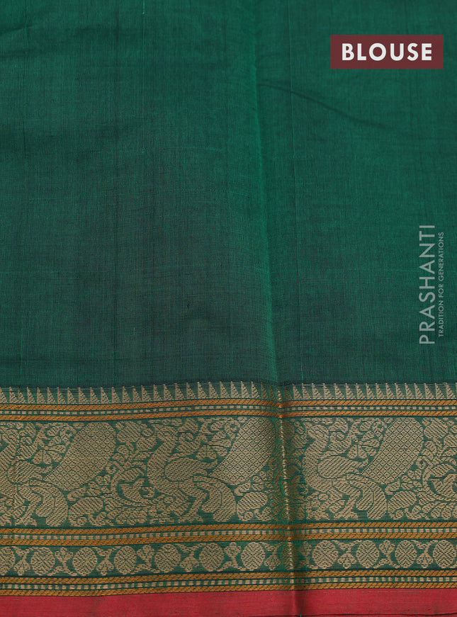 Kanchi cotton saree green and red with allover lakshadeepam weaves and thread woven border