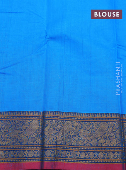 Kanchi cotton saree blue and red with allover lakshadeepam weaves and thread woven border