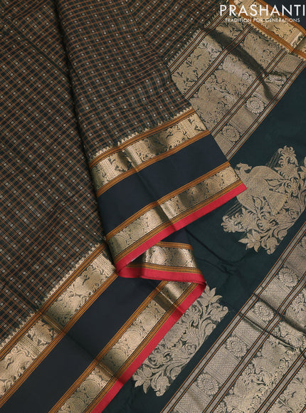 Kanchi cotton saree bottle green and red with allover lakshadeepam weaves and rettapet zari woven border