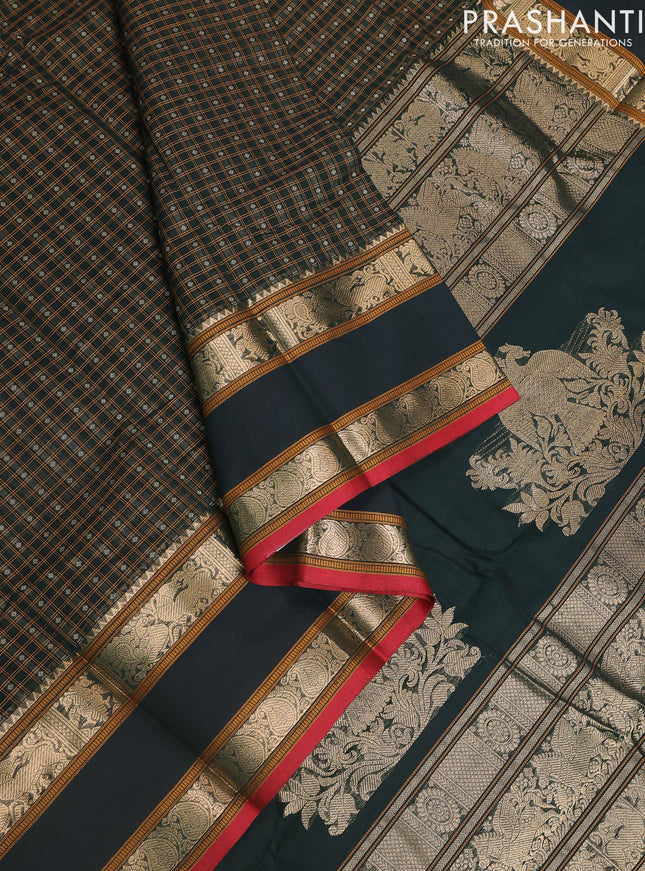 Kanchi cotton saree bottle green and red with allover lakshadeepam weaves and rettapet zari woven border