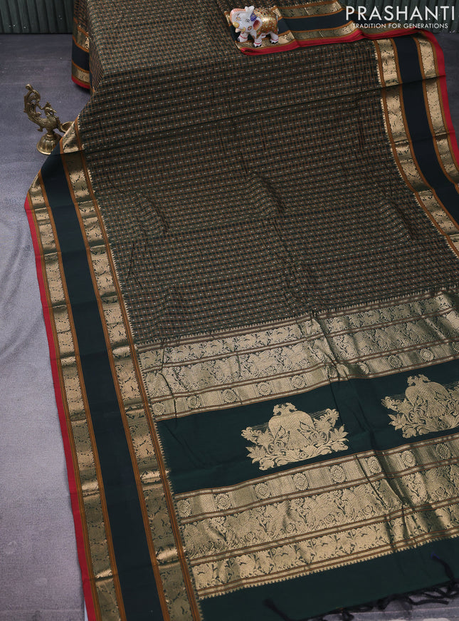 Kanchi cotton saree bottle green and red with allover lakshadeepam weaves and rettapet zari woven border