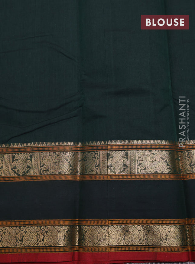 Kanchi cotton saree bottle green and red with allover lakshadeepam weaves and rettapet zari woven border