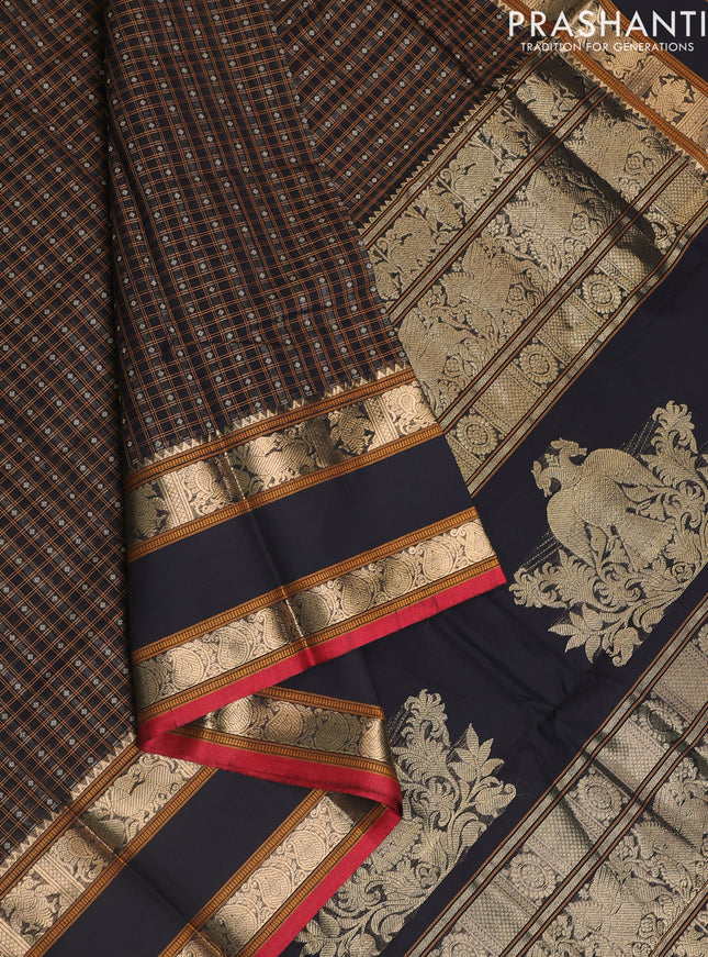 Kanchi cotton saree black and red with allover lakshadeepam weaves and rettapet zari woven border