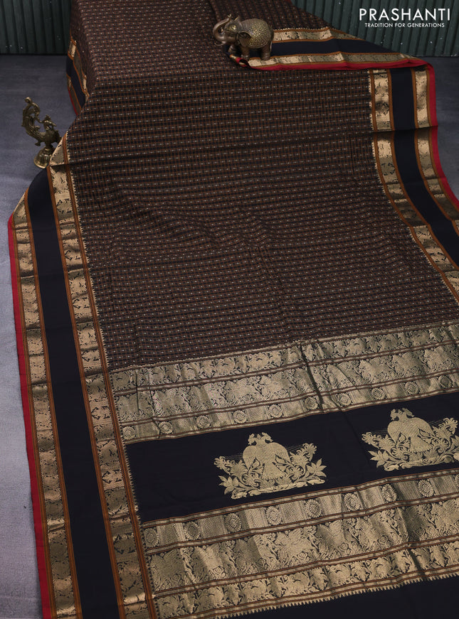 Kanchi cotton saree black and red with allover lakshadeepam weaves and rettapet zari woven border