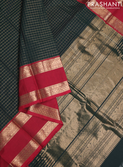 Kanchi cotton saree bottle green and maroon with allover zari checked pattern and rettapet zari woven border