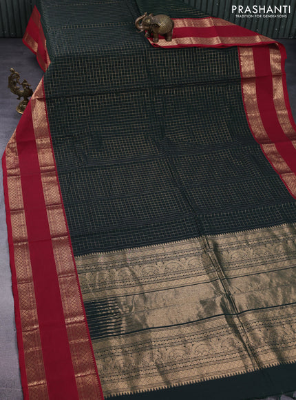 Kanchi cotton saree bottle green and maroon with allover zari checked pattern and rettapet zari woven border