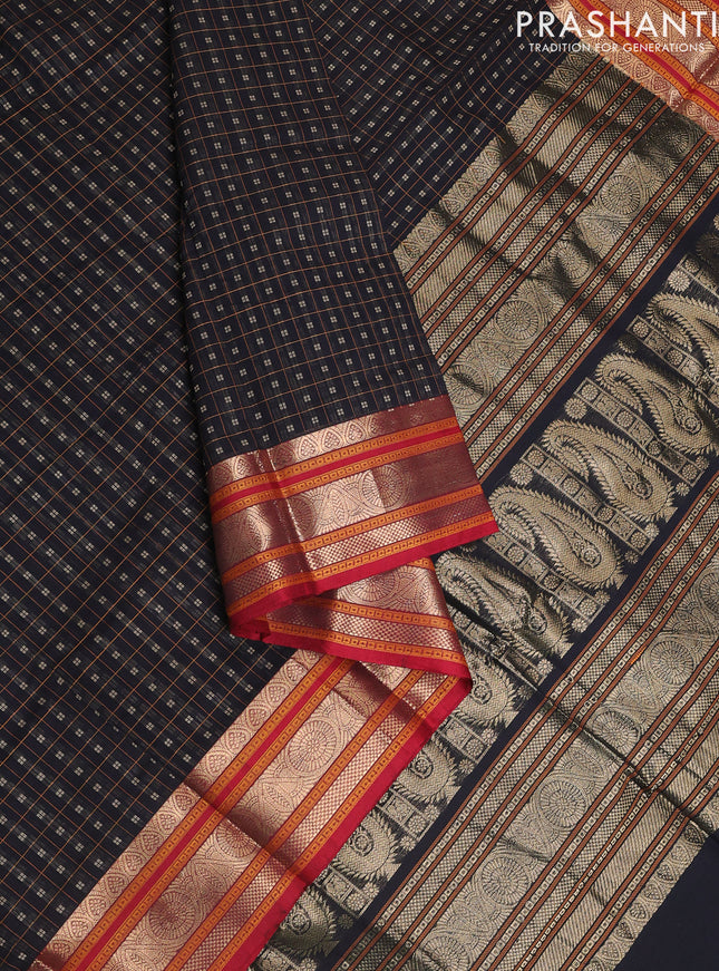 Kanchi cotton saree black and maroon with allover lakshadeepam weaves and zari woven border