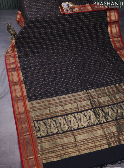 Kanchi cotton saree black and maroon with allover lakshadeepam weaves and zari woven border