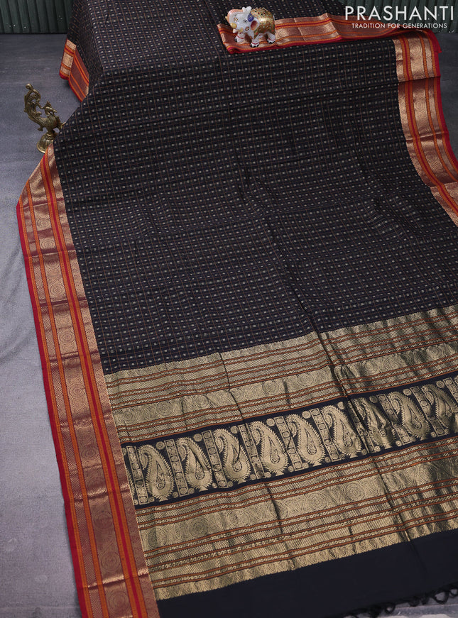 Kanchi cotton saree black and maroon with allover lakshadeepam weaves and zari woven border