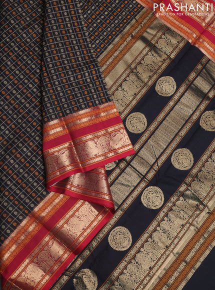 Kanchi cotton saree black and red with allover lakshadeepam weaves and rettapet zari woven border