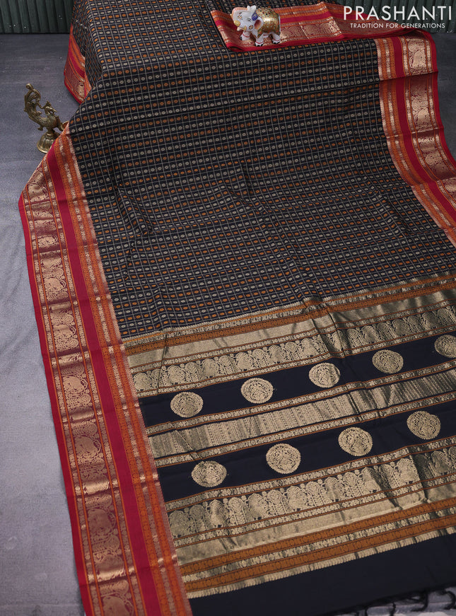 Kanchi cotton saree black and red with allover lakshadeepam weaves and rettapet zari woven border