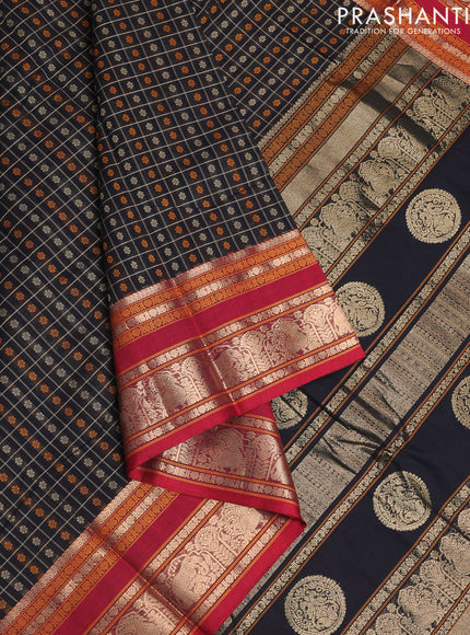 Kanchi cotton saree black and maroon with allover thread checks & 1000 buttas and zari woven border